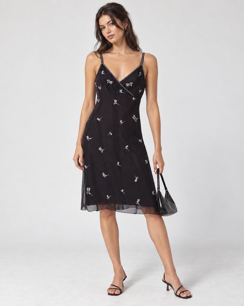 Anopia Collezioni Silk Dragonfly Embroidered Slip Dress Black Navy Size 6